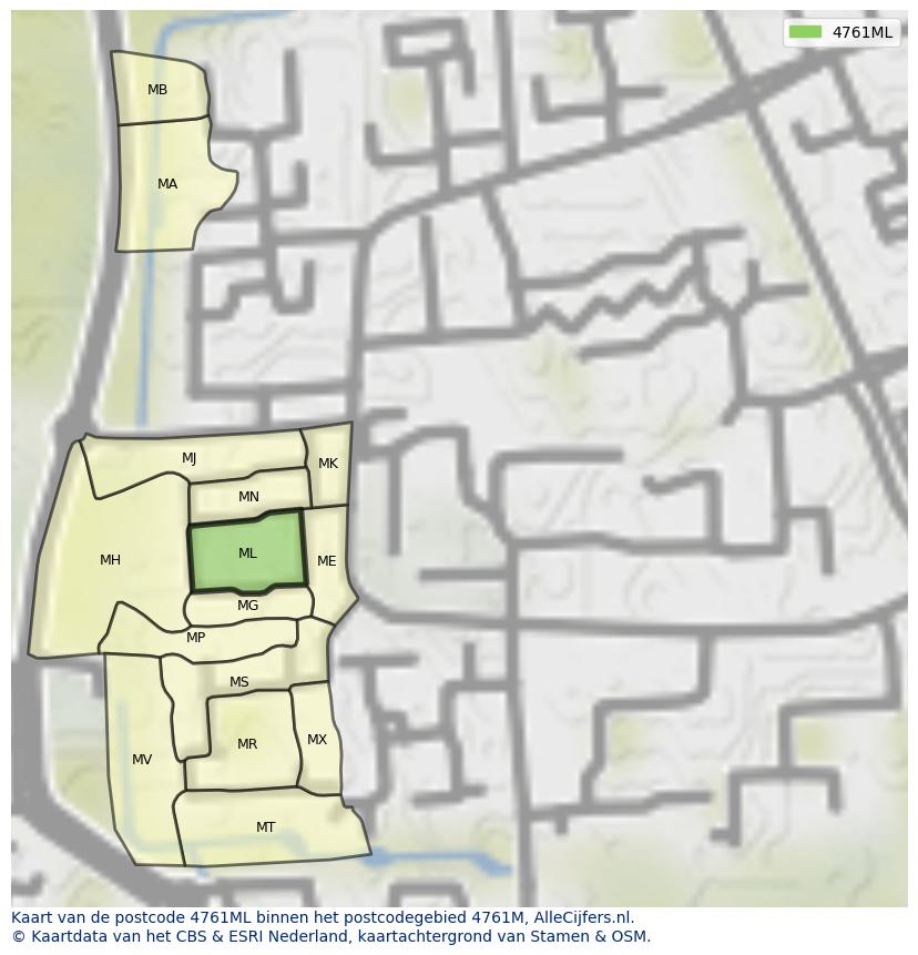 Afbeelding van het postcodegebied 4761 ML op de kaart.