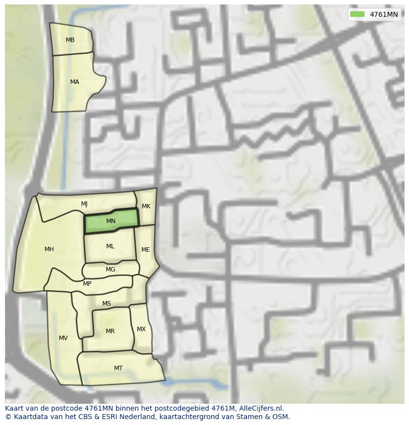 Afbeelding van het postcodegebied 4761 MN op de kaart.