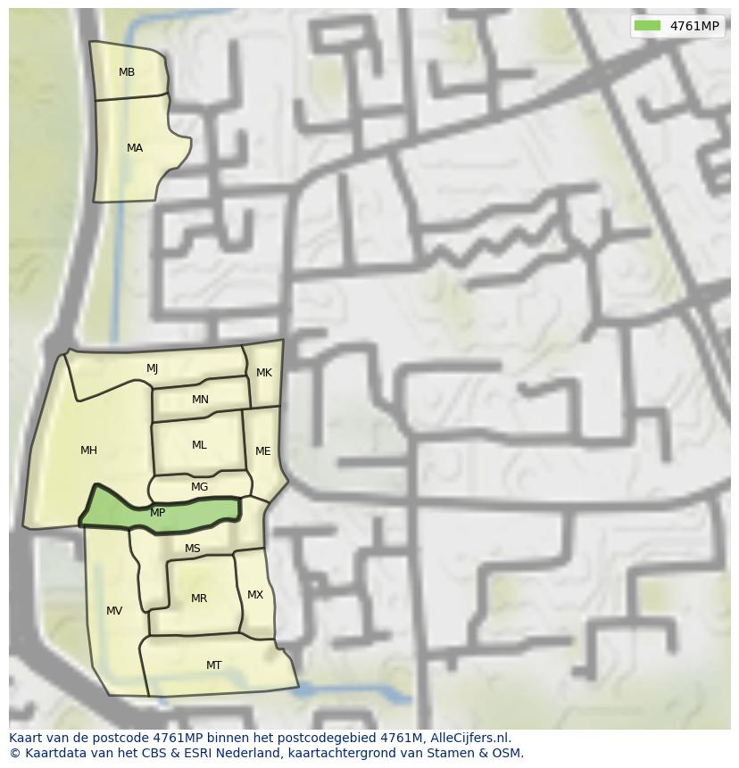 Afbeelding van het postcodegebied 4761 MP op de kaart.