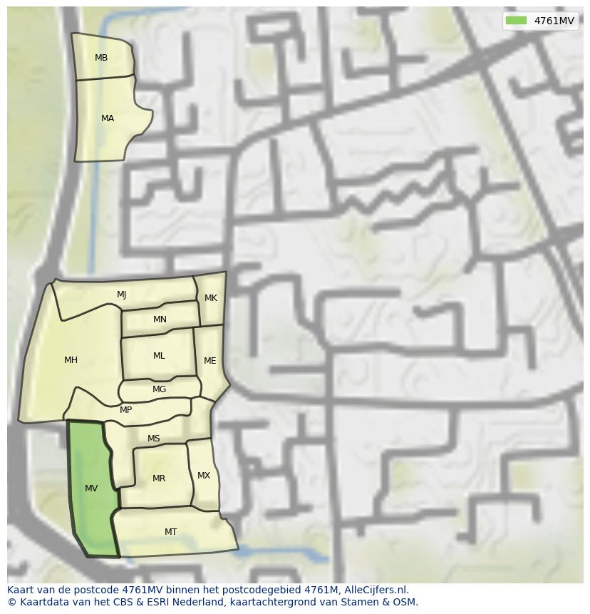 Afbeelding van het postcodegebied 4761 MV op de kaart.