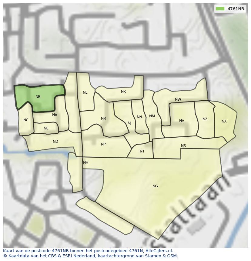 Afbeelding van het postcodegebied 4761 NB op de kaart.