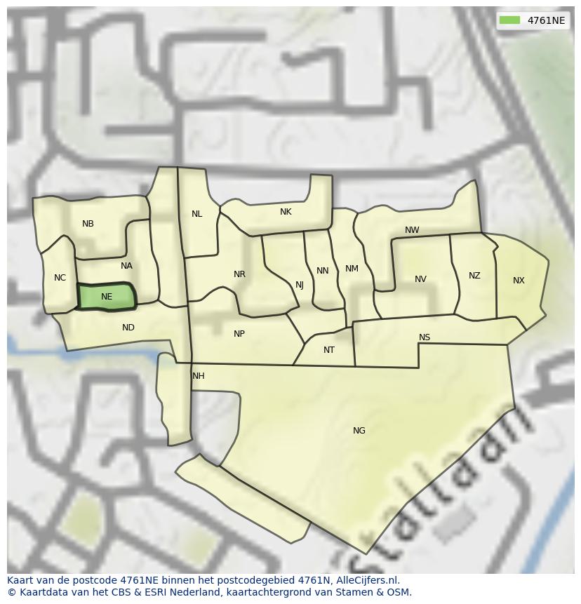 Afbeelding van het postcodegebied 4761 NE op de kaart.