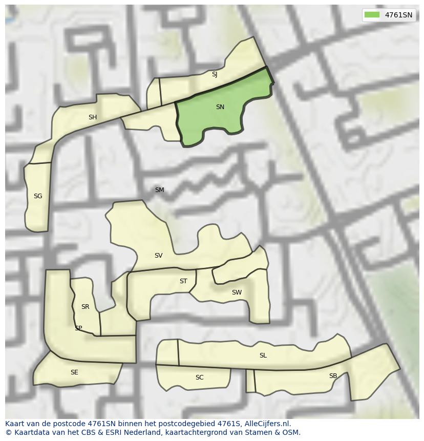 Afbeelding van het postcodegebied 4761 SN op de kaart.