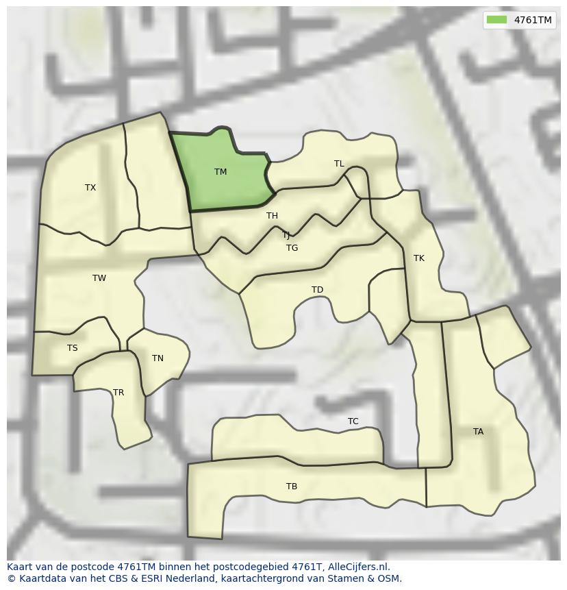 Afbeelding van het postcodegebied 4761 TM op de kaart.