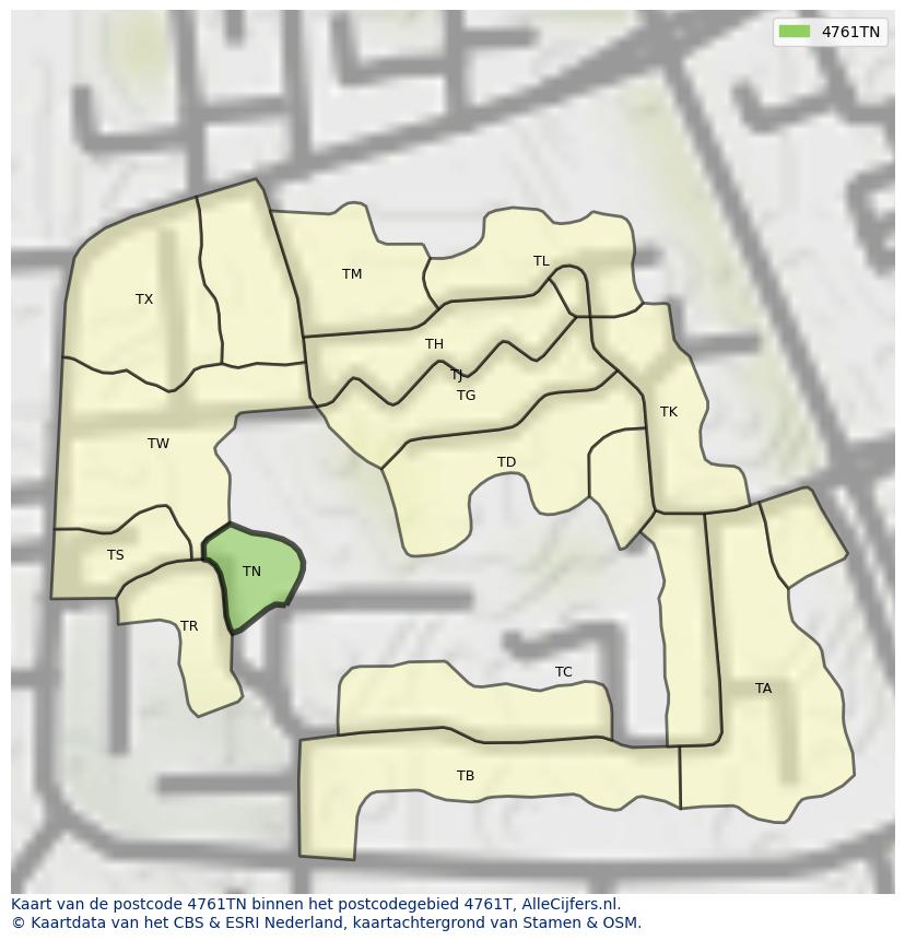 Afbeelding van het postcodegebied 4761 TN op de kaart.