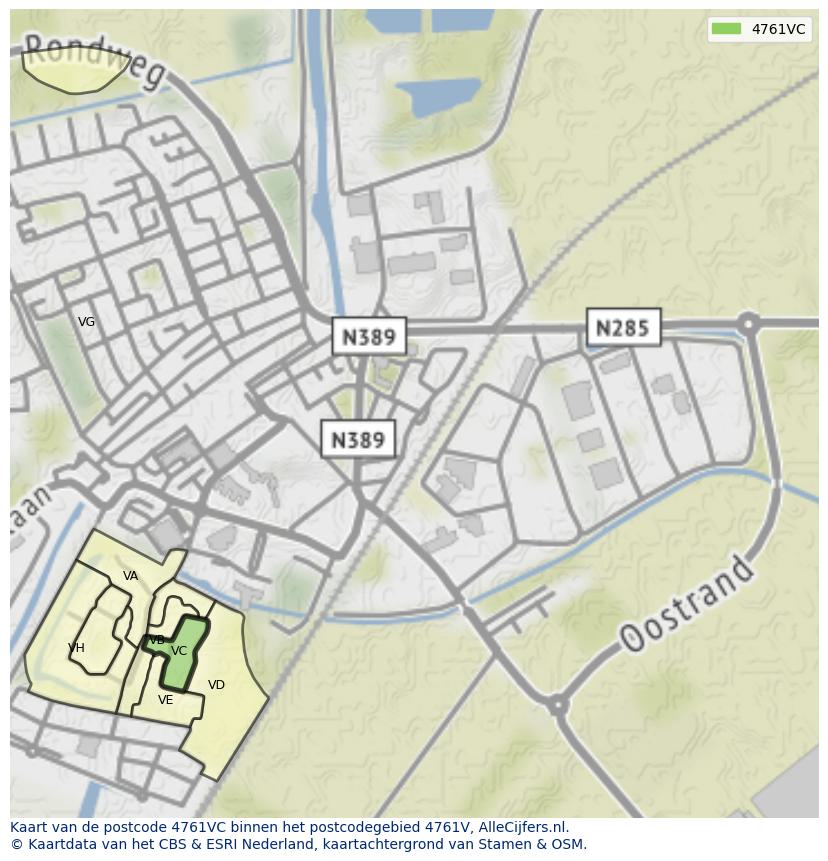 Afbeelding van het postcodegebied 4761 VC op de kaart.