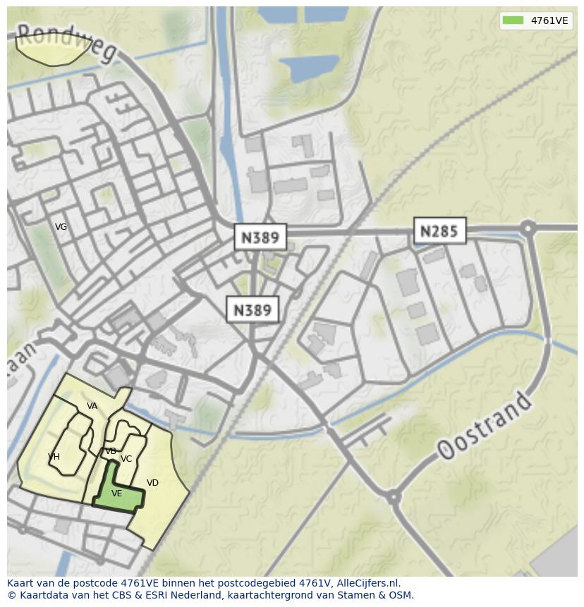Afbeelding van het postcodegebied 4761 VE op de kaart.