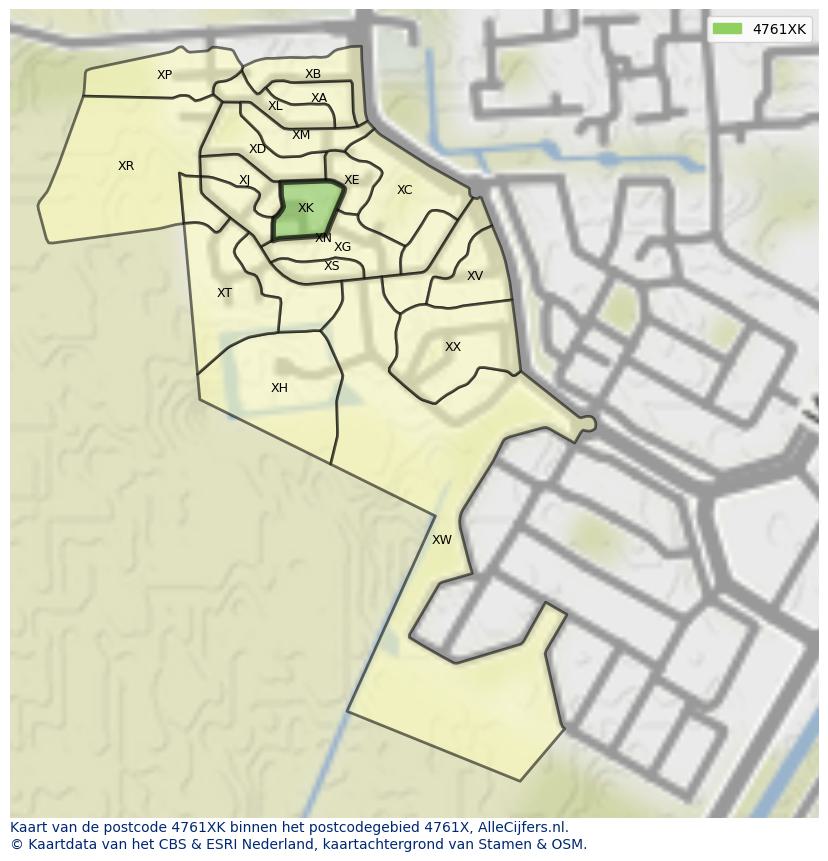 Afbeelding van het postcodegebied 4761 XK op de kaart.