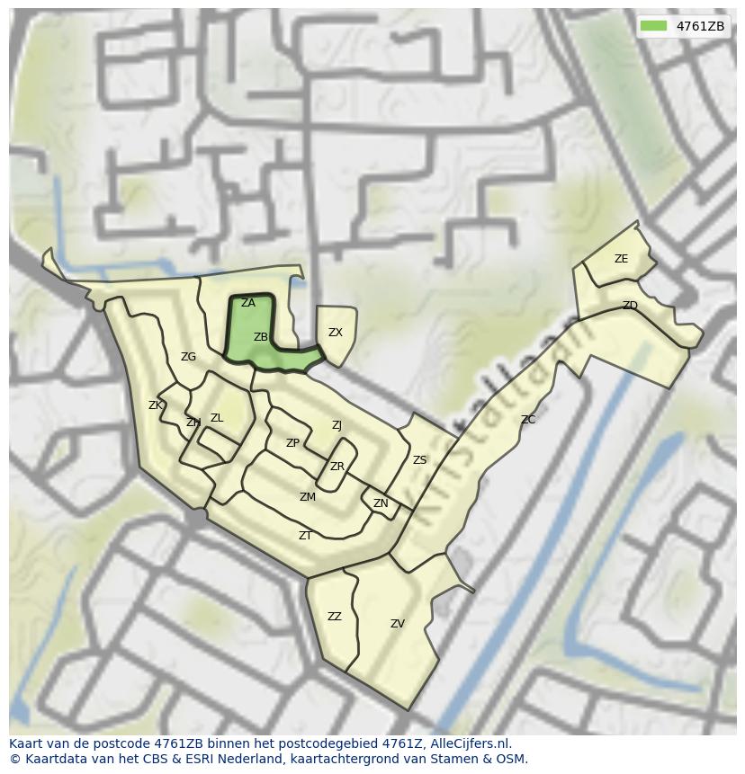 Afbeelding van het postcodegebied 4761 ZB op de kaart.