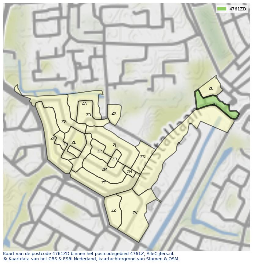 Afbeelding van het postcodegebied 4761 ZD op de kaart.