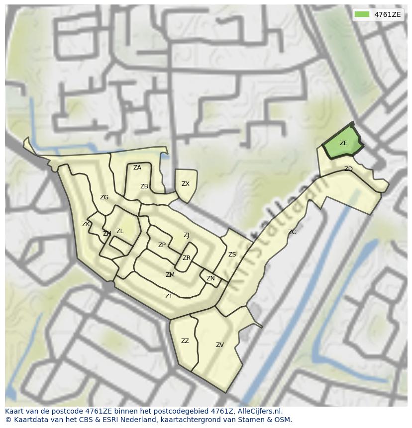 Afbeelding van het postcodegebied 4761 ZE op de kaart.