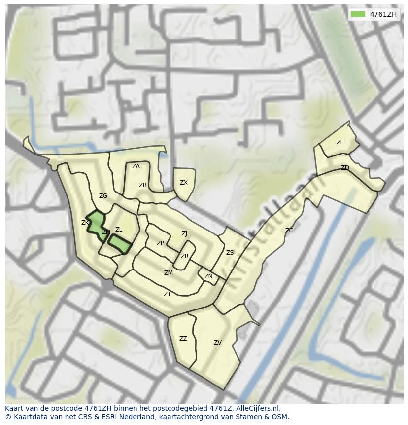 Afbeelding van het postcodegebied 4761 ZH op de kaart.