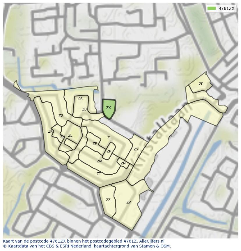 Afbeelding van het postcodegebied 4761 ZX op de kaart.