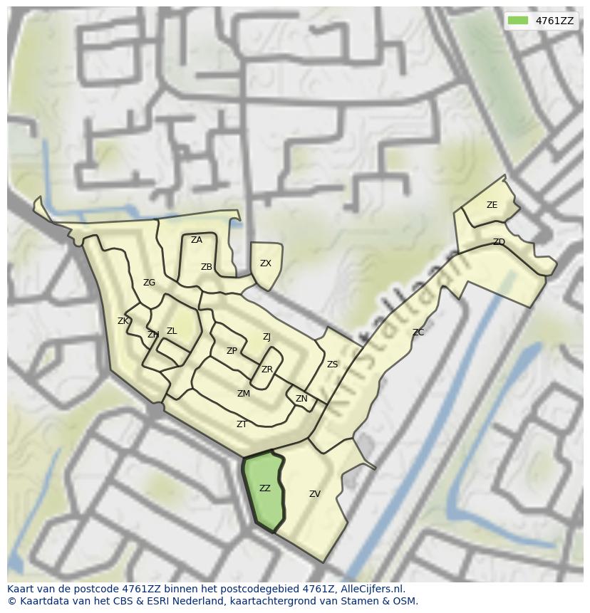 Afbeelding van het postcodegebied 4761 ZZ op de kaart.