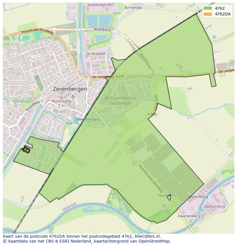 Afbeelding van het postcodegebied 4762 DA op de kaart.