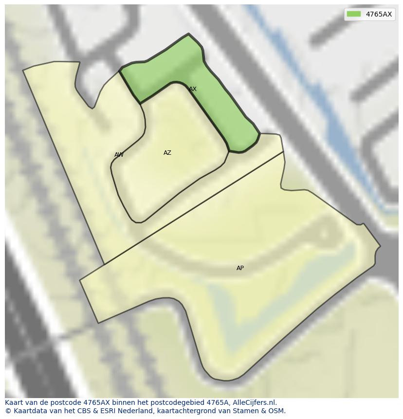 Afbeelding van het postcodegebied 4765 AX op de kaart.