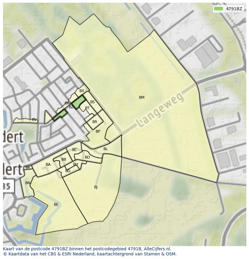 Afbeelding van het postcodegebied 4791 BZ op de kaart.