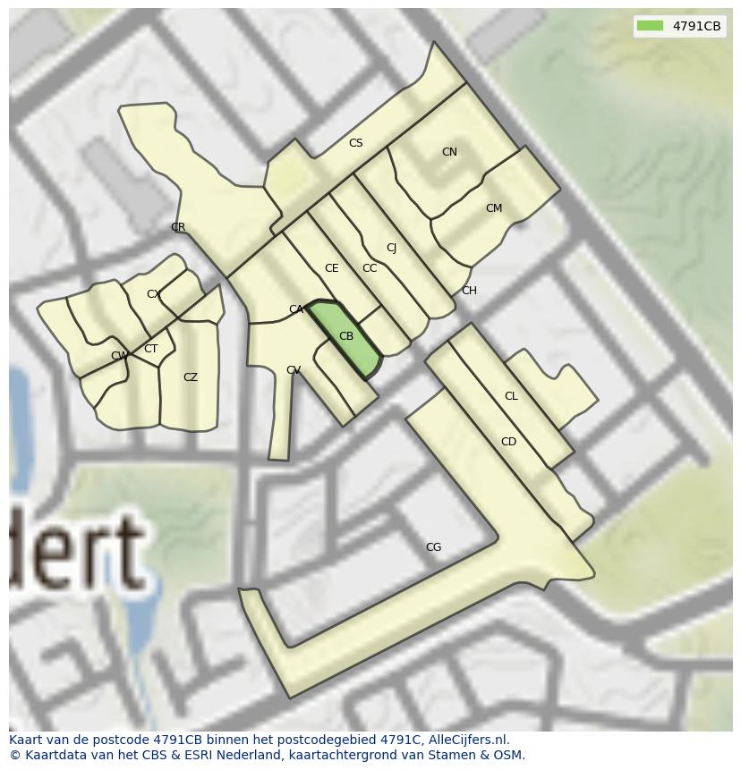 Afbeelding van het postcodegebied 4791 CB op de kaart.