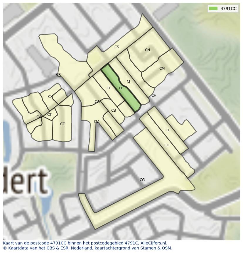 Afbeelding van het postcodegebied 4791 CC op de kaart.