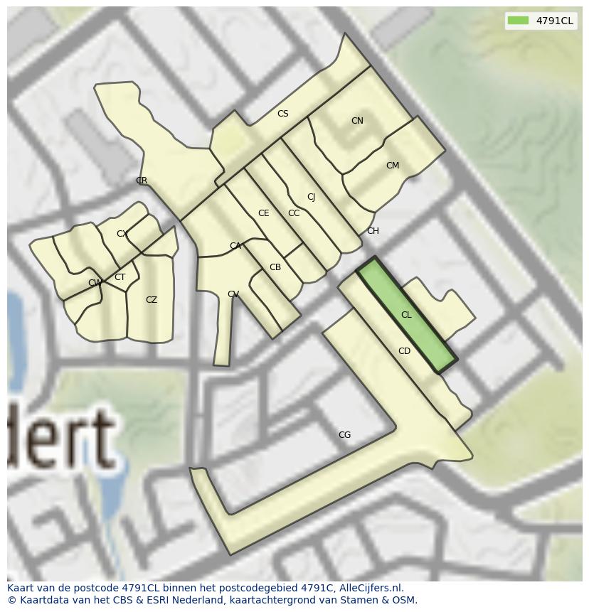 Afbeelding van het postcodegebied 4791 CL op de kaart.