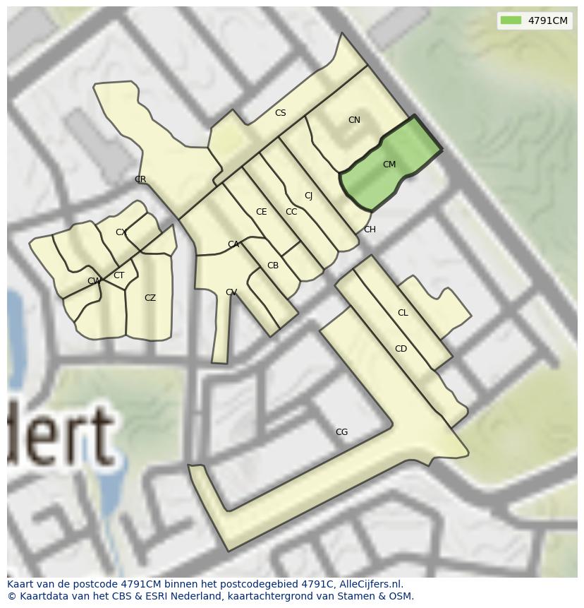 Afbeelding van het postcodegebied 4791 CM op de kaart.