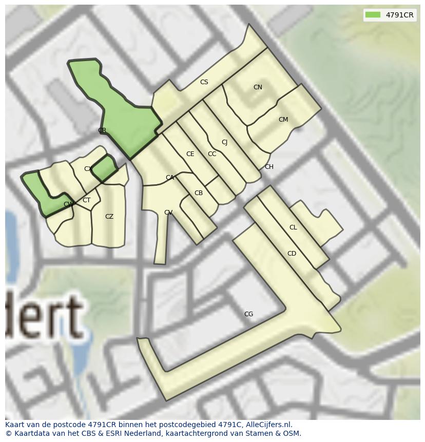 Afbeelding van het postcodegebied 4791 CR op de kaart.