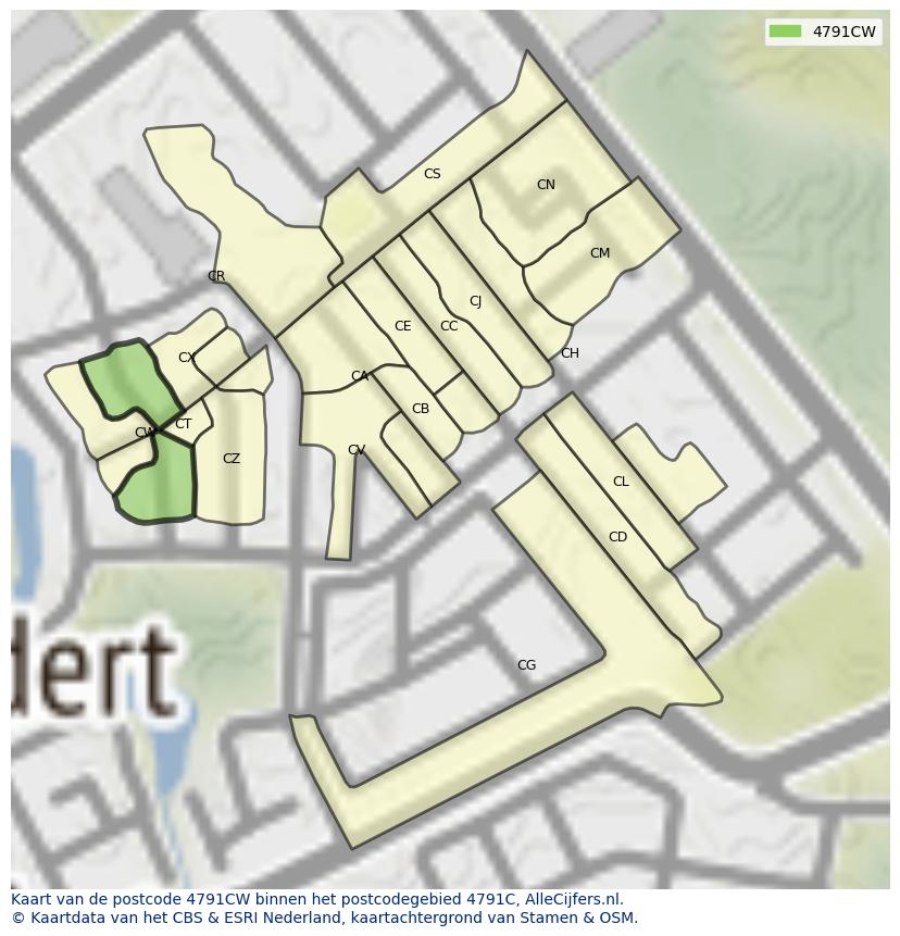 Afbeelding van het postcodegebied 4791 CW op de kaart.
