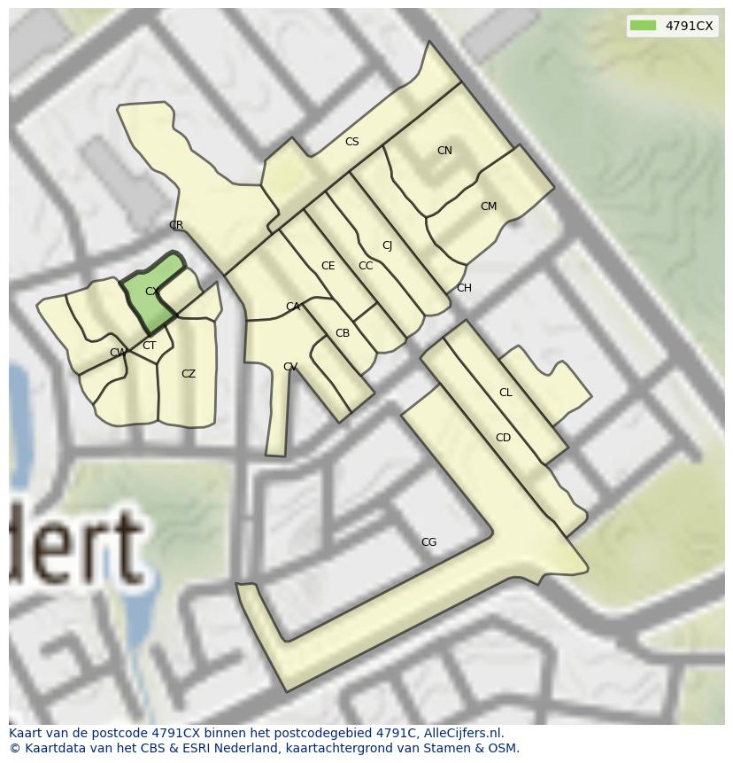 Afbeelding van het postcodegebied 4791 CX op de kaart.