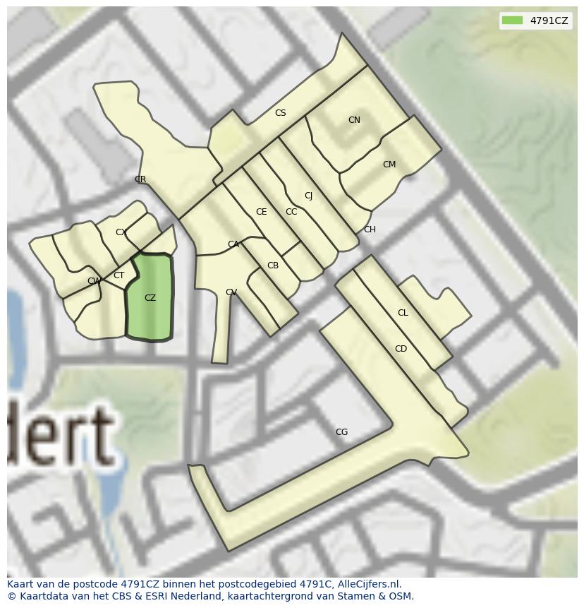 Afbeelding van het postcodegebied 4791 CZ op de kaart.