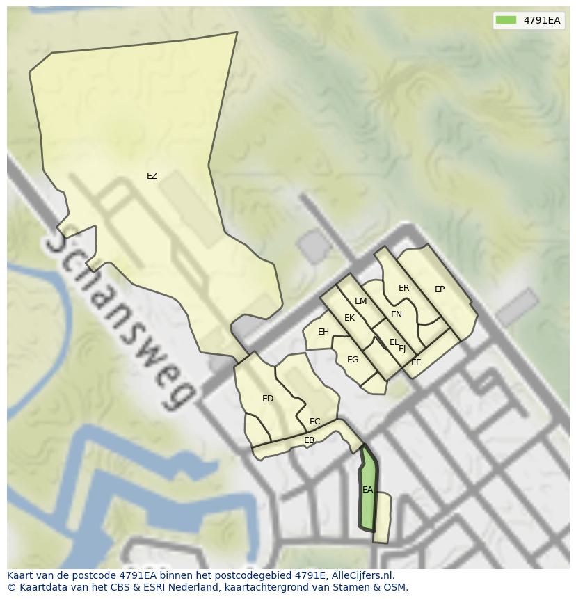 Afbeelding van het postcodegebied 4791 EA op de kaart.