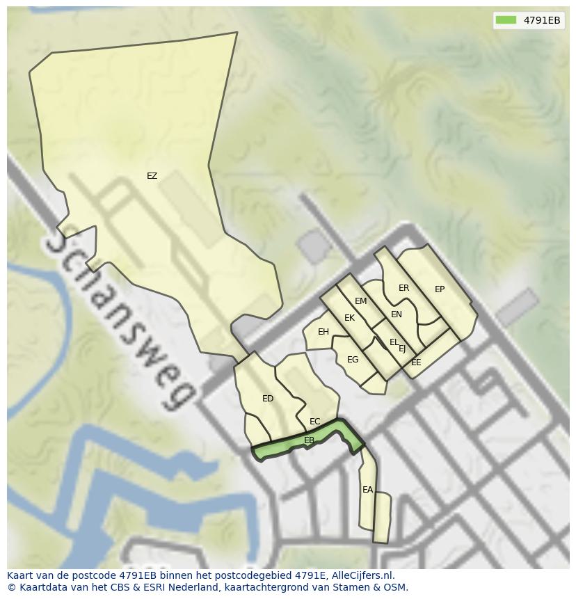 Afbeelding van het postcodegebied 4791 EB op de kaart.