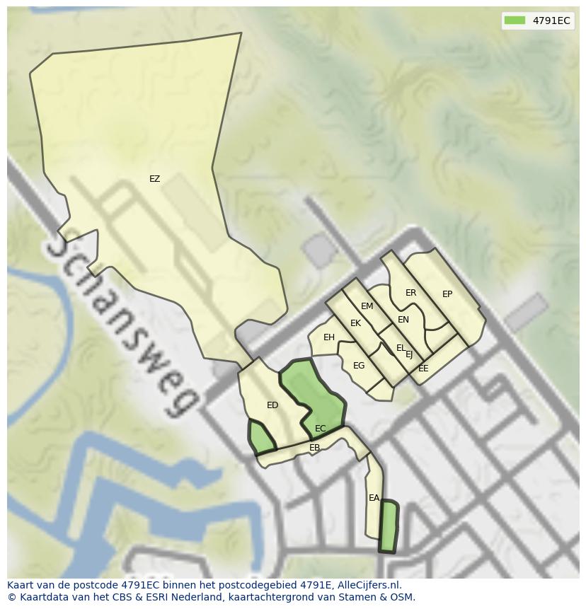 Afbeelding van het postcodegebied 4791 EC op de kaart.