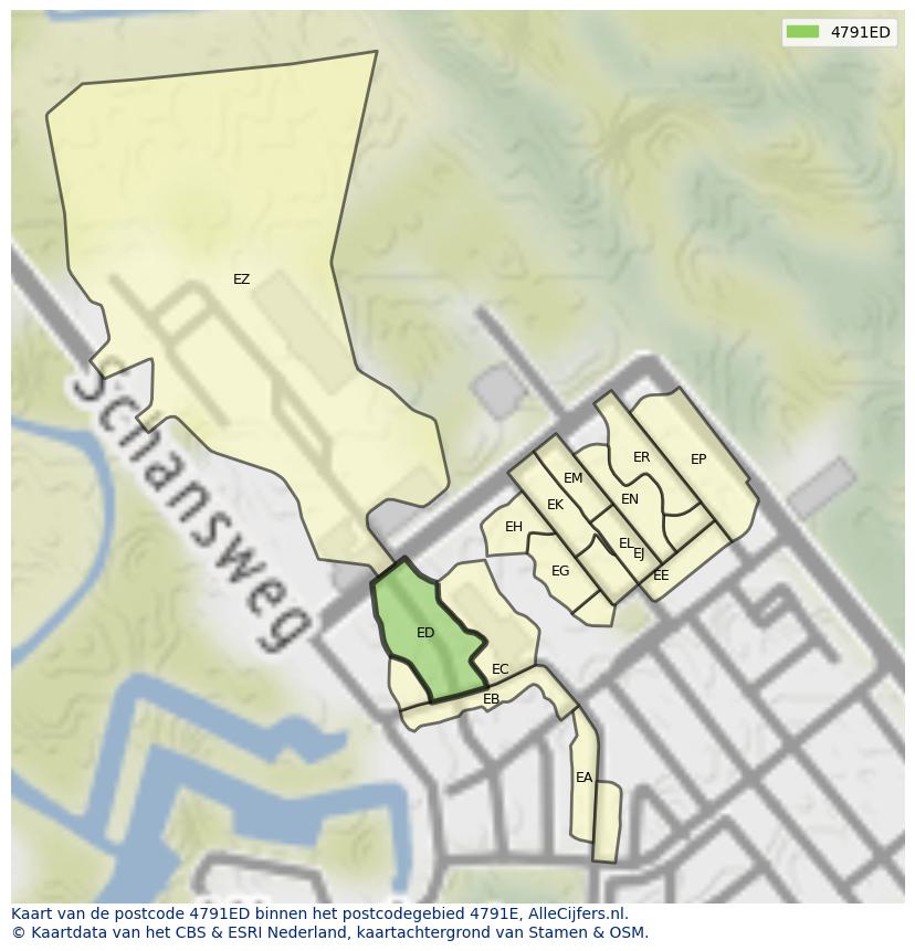 Afbeelding van het postcodegebied 4791 ED op de kaart.