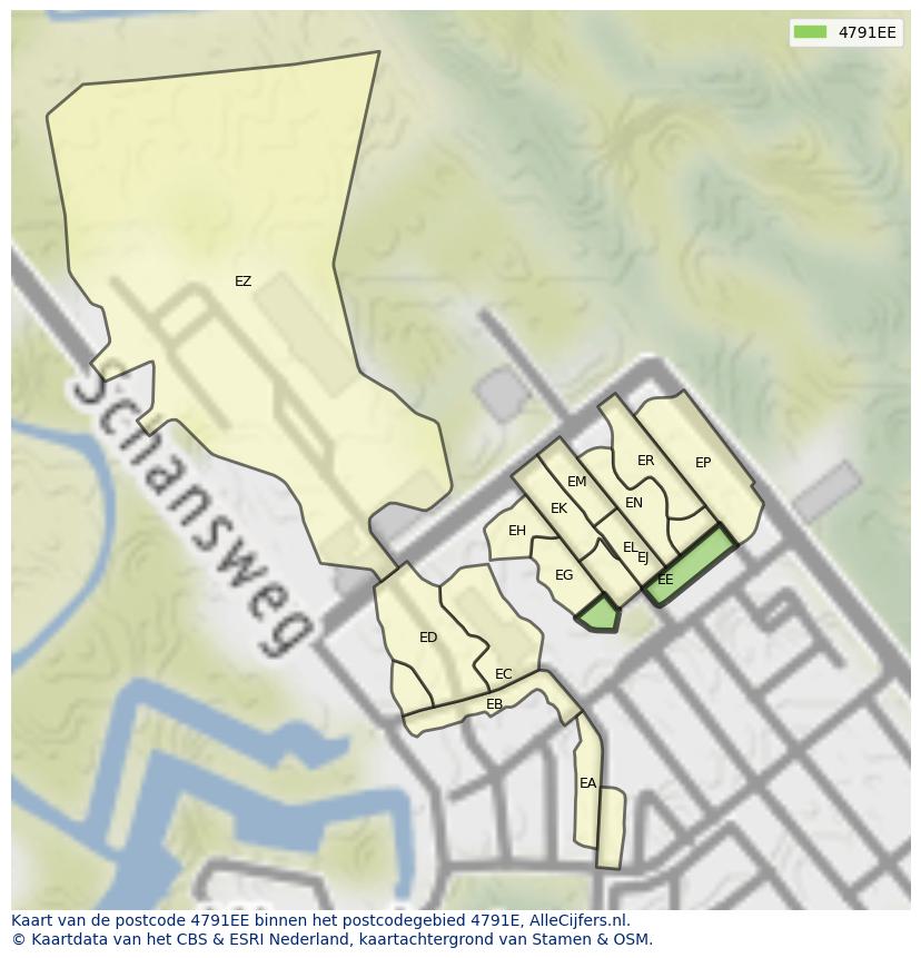 Afbeelding van het postcodegebied 4791 EE op de kaart.