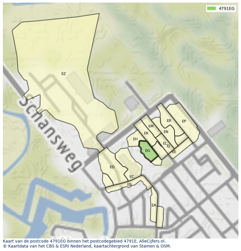 Afbeelding van het postcodegebied 4791 EG op de kaart.