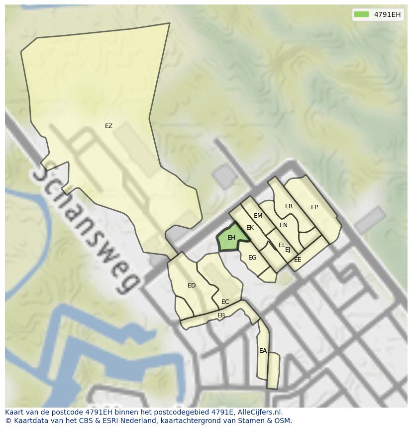 Afbeelding van het postcodegebied 4791 EH op de kaart.