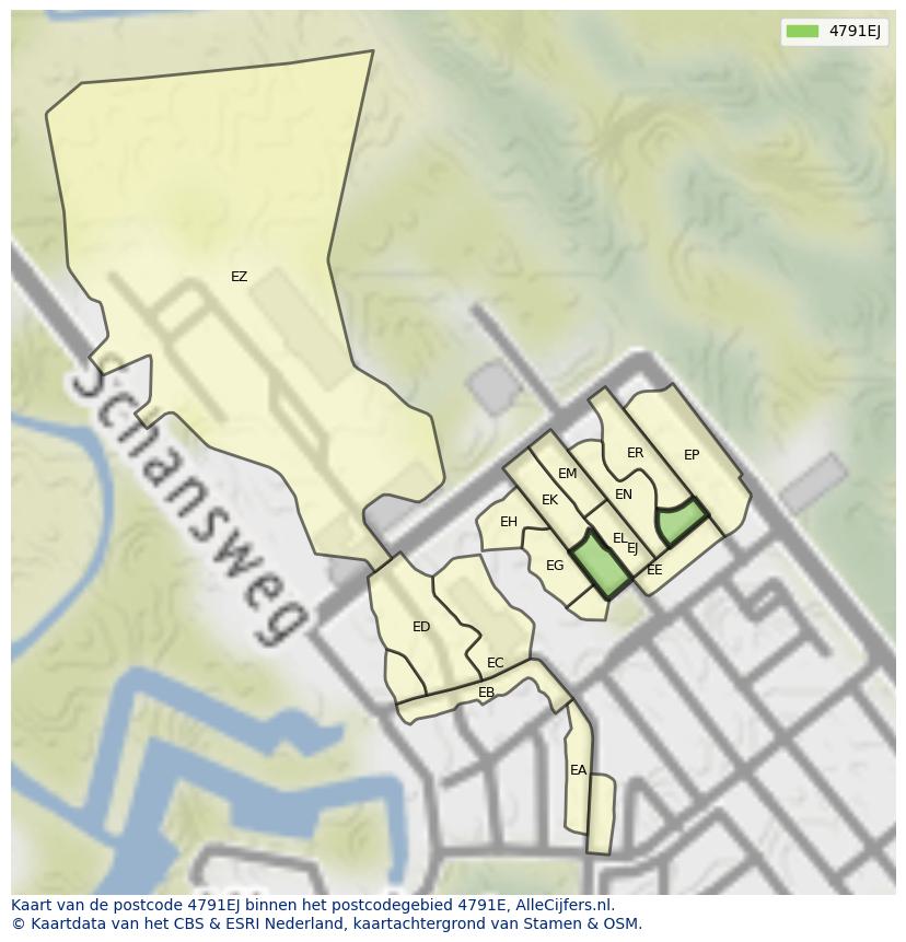 Afbeelding van het postcodegebied 4791 EJ op de kaart.