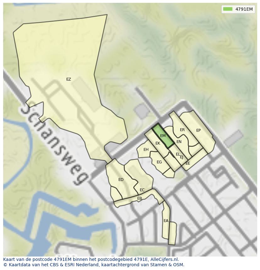 Afbeelding van het postcodegebied 4791 EM op de kaart.