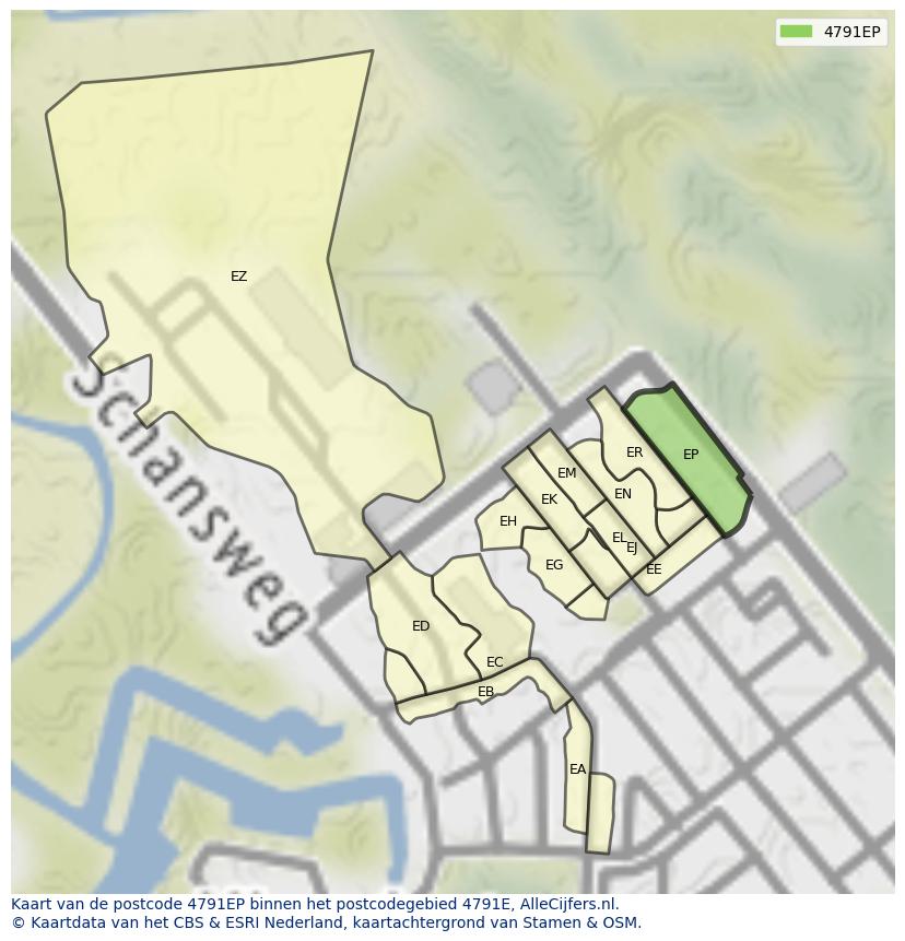 Afbeelding van het postcodegebied 4791 EP op de kaart.