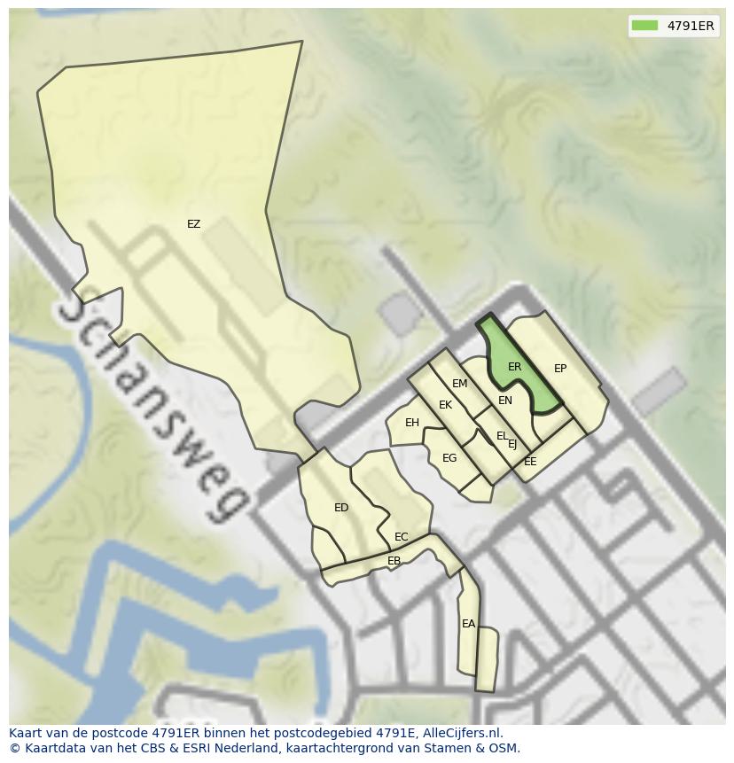 Afbeelding van het postcodegebied 4791 ER op de kaart.