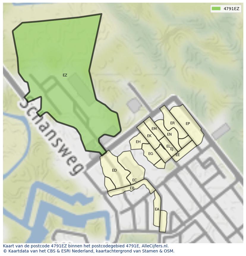 Afbeelding van het postcodegebied 4791 EZ op de kaart.