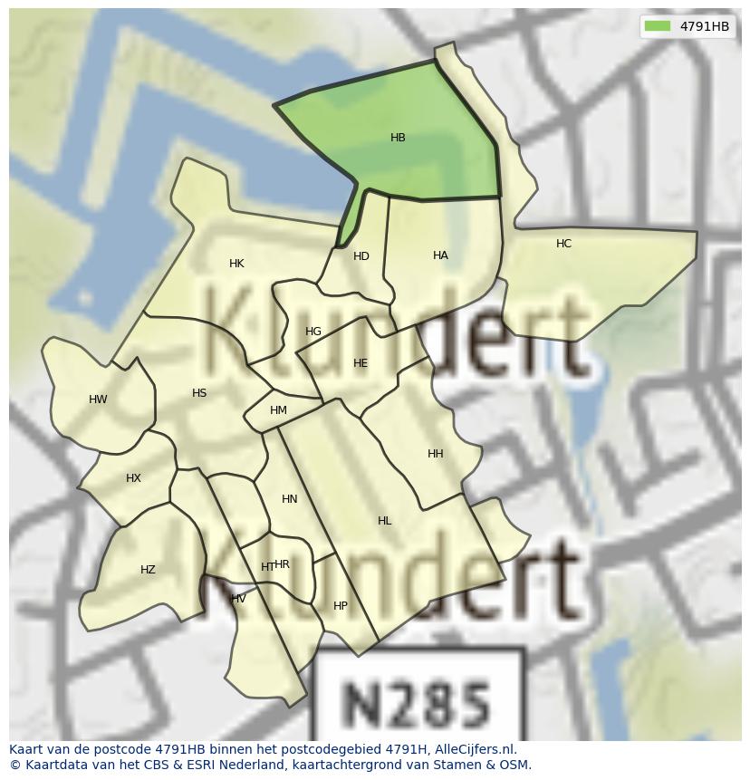 Afbeelding van het postcodegebied 4791 HB op de kaart.