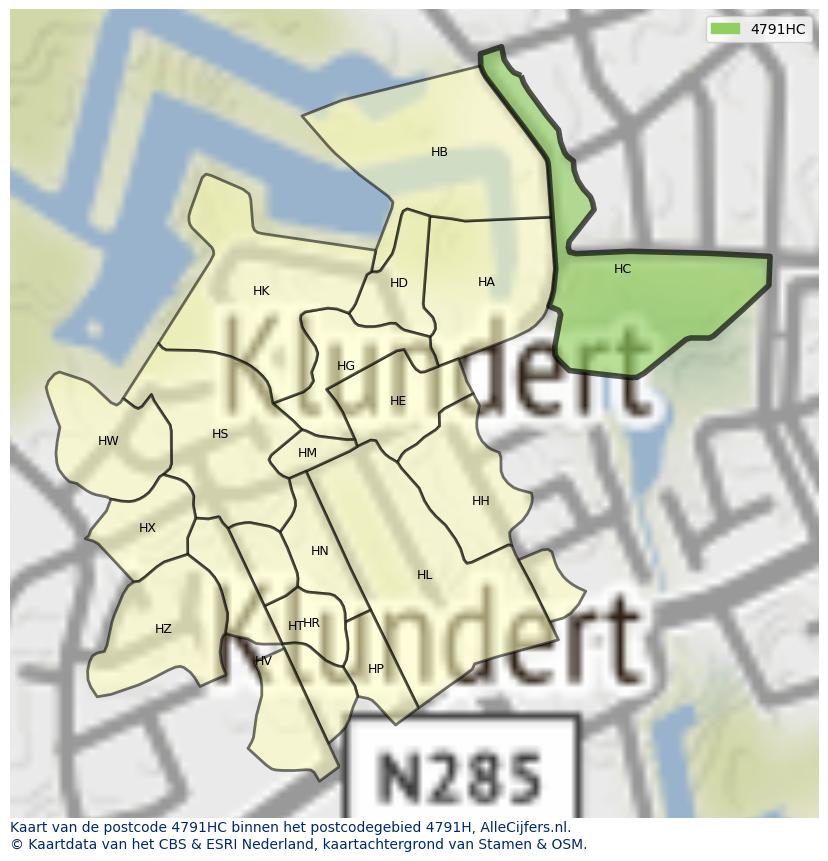 Afbeelding van het postcodegebied 4791 HC op de kaart.