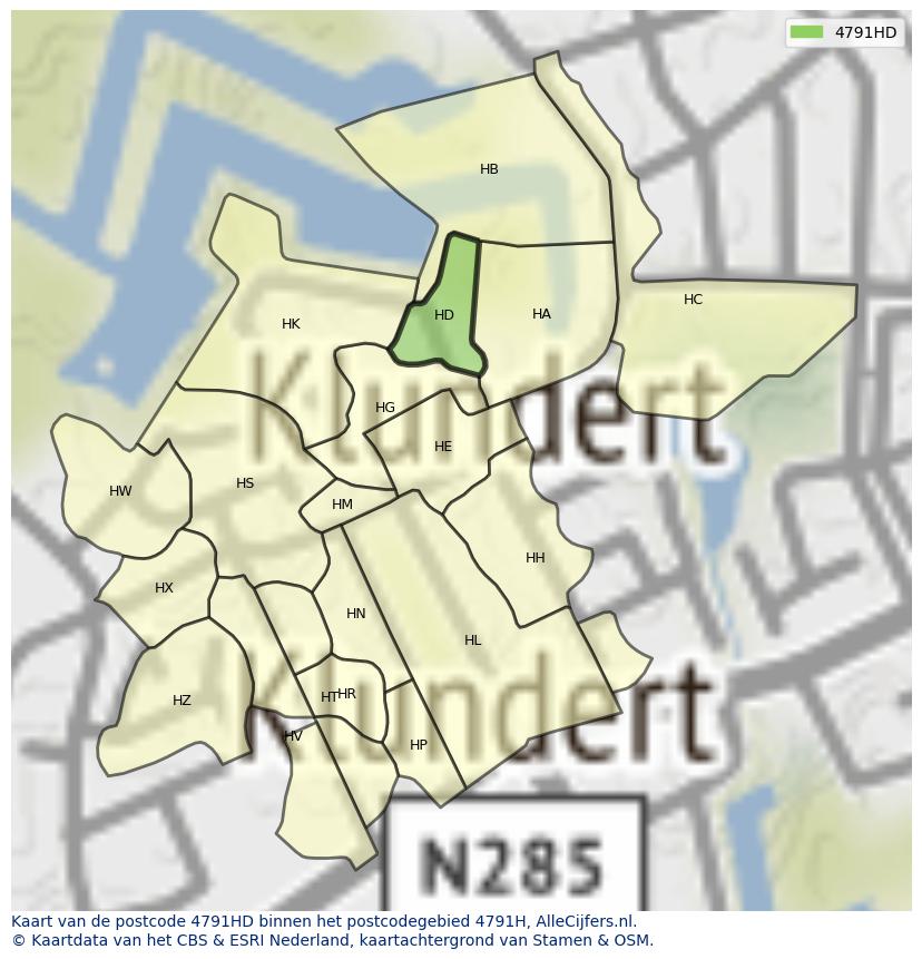 Afbeelding van het postcodegebied 4791 HD op de kaart.