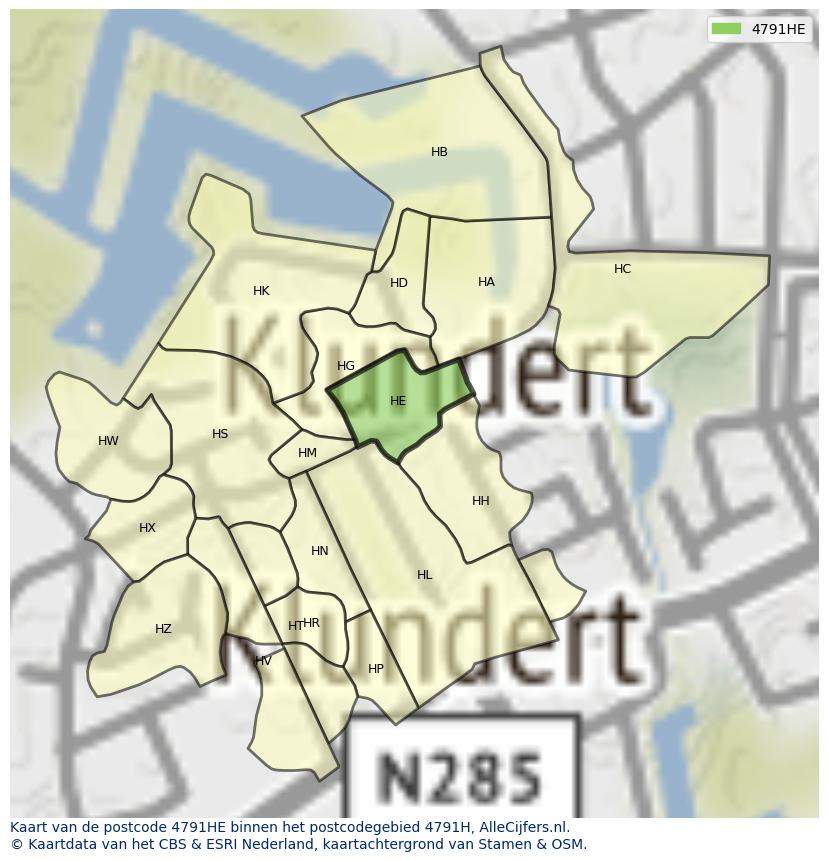 Afbeelding van het postcodegebied 4791 HE op de kaart.