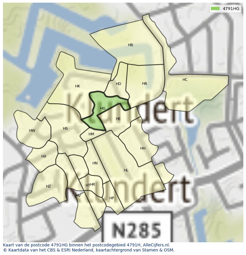 Afbeelding van het postcodegebied 4791 HG op de kaart.