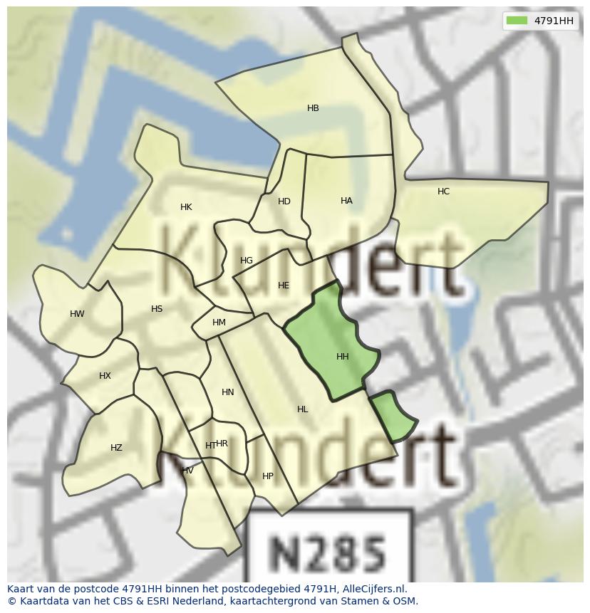 Afbeelding van het postcodegebied 4791 HH op de kaart.