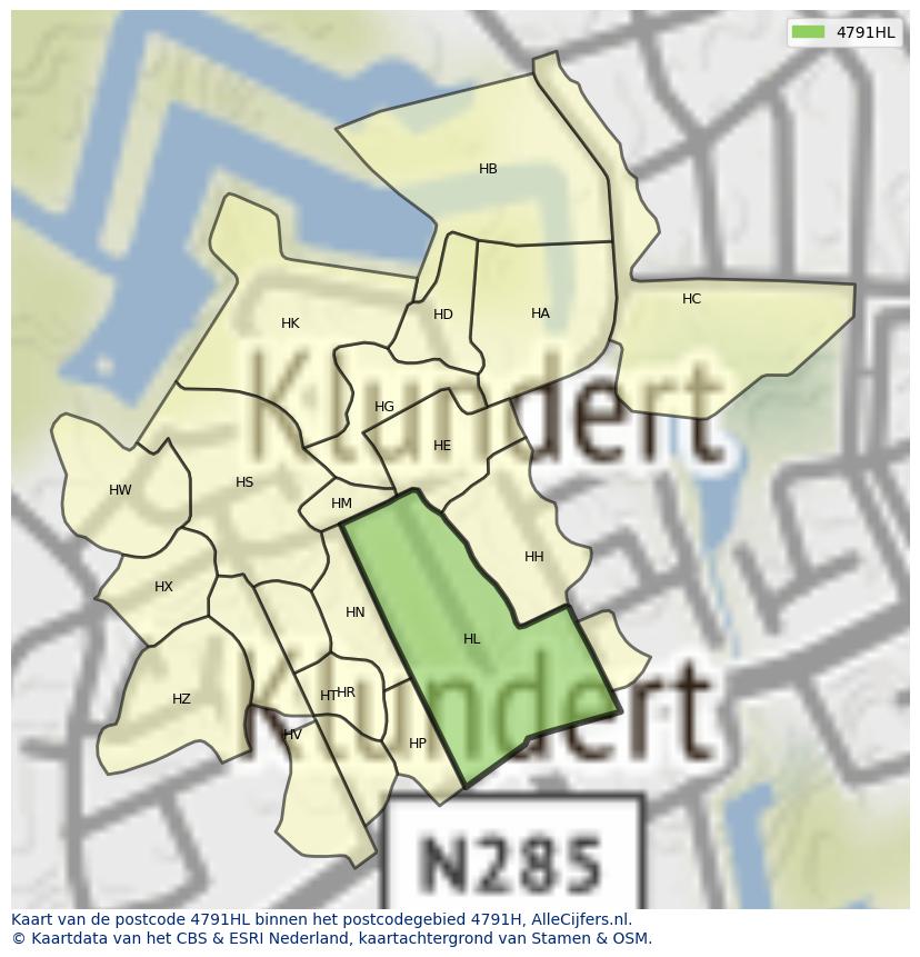 Afbeelding van het postcodegebied 4791 HL op de kaart.