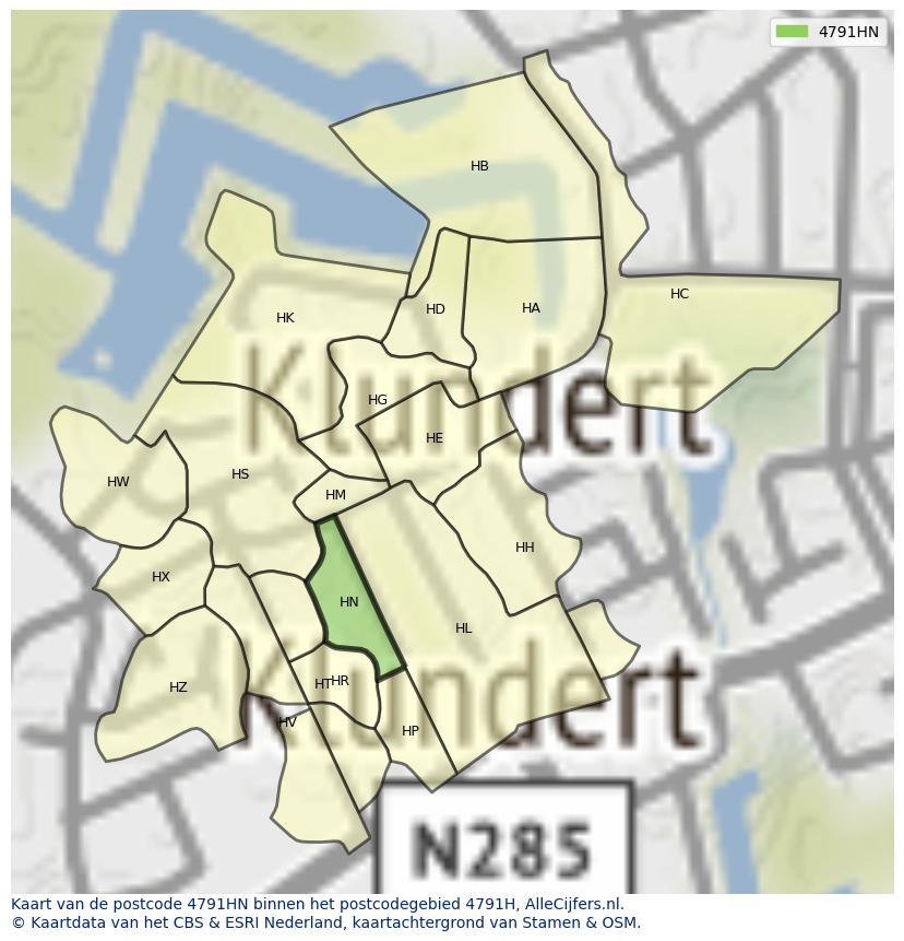 Afbeelding van het postcodegebied 4791 HN op de kaart.
