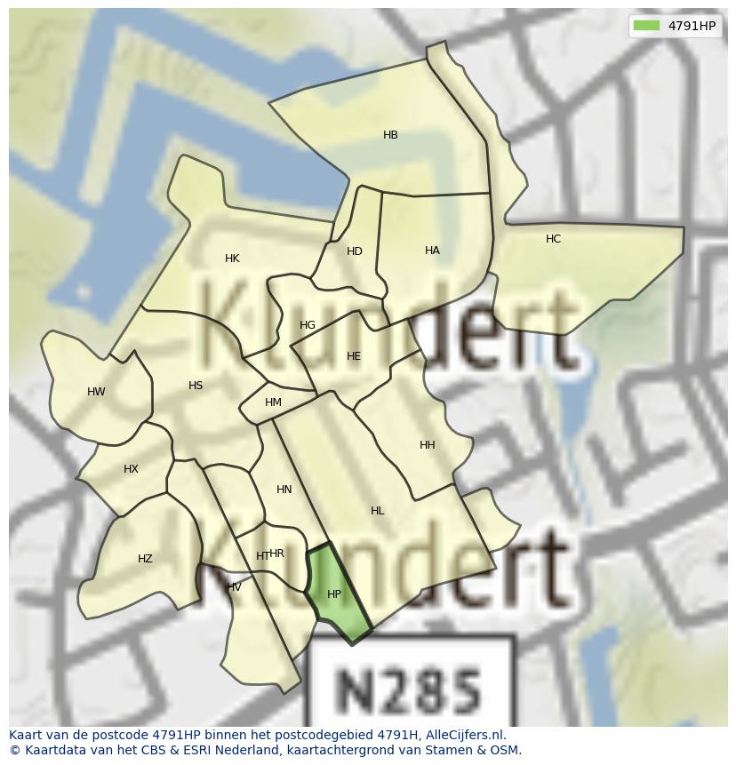 Afbeelding van het postcodegebied 4791 HP op de kaart.